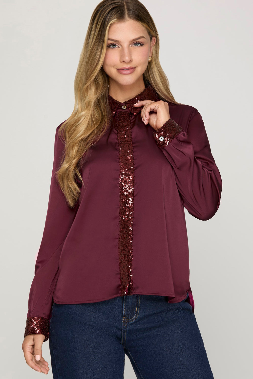 Sequin Cuff Satin Blouse